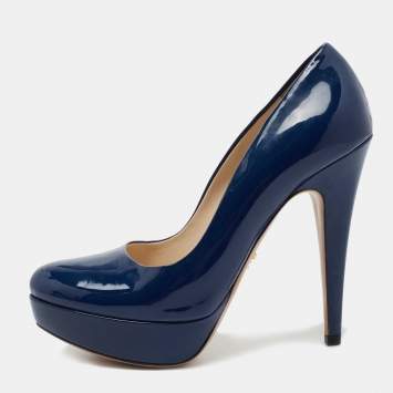 Pre Owned Prada Blue Patent Leather Round Toe Platform Pumps Size 36