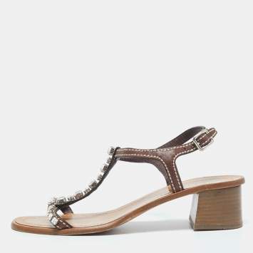 Pre Owned Prada Brown Leather Studded T Strap Sandals Size 38