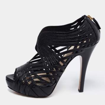 Pre Owned Prada Black Leather Peep Toe Platform Sandals  Size 37