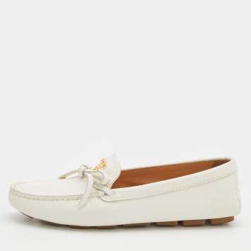 Pre Owned Prada White Leather Bow Loafers Size 37.5