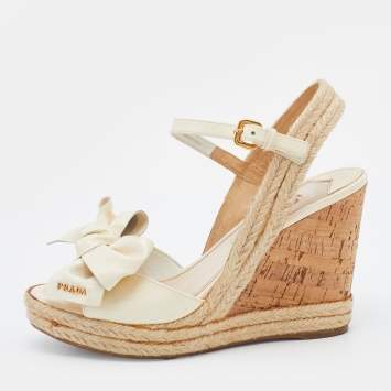 Pre Owned Prada Cream Patent Leather Bow Ankle Strap Cork Espadrille Platform Wedge Sandals Size 36.5