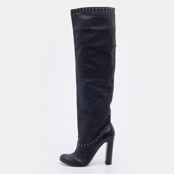 Pre Owned Prada Black Leather Studded Knee Length Boots Size 38