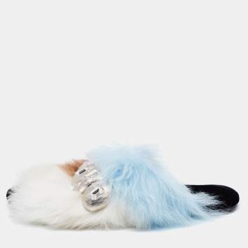 Pre Owned Prada Blue/Brown Fur Flat Sandals Size 38