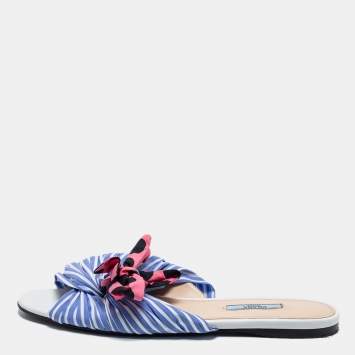 Pre Owned Prada Blue/Pink Fabric Stripe Printed And Polka Dot Bow Detail Slide Sandals Size 41