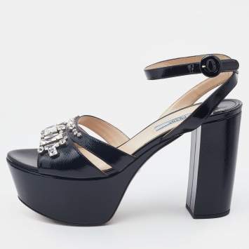 Pre Owned Prada Black Saffiano Patent Leather Crystal Embellished Ankle Strap Platform Sandals Size 39