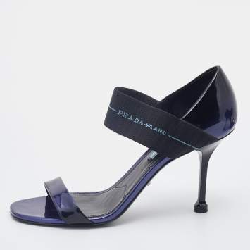 Pre Owned Prada Purple/Black Patent Leather Logo Elastic Ankle Strap Sandals Size 39.5