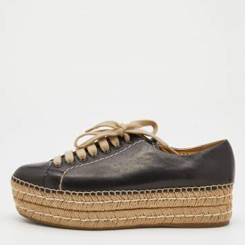 Pre Owned Prada Black Leather Platform Espadrille Lace Up Sneakers Size 38.5