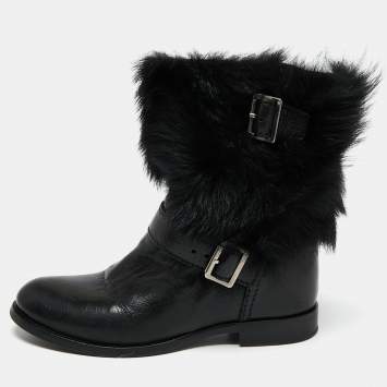 Pre Owned Prada Black Leather And Fur Ankle Length Boots Size 36