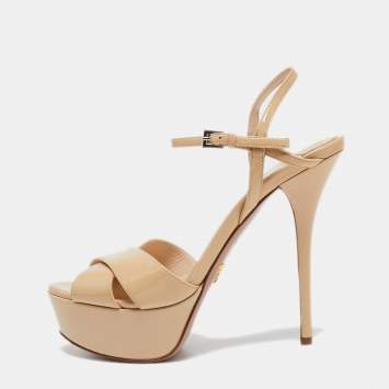 Pre Owned Prada Beige Patent Leather Platform Ankle Strap Sandals Size 38.5