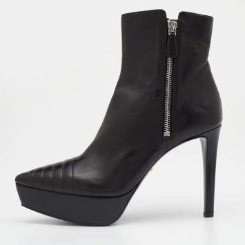 مملوكة مسبقًا Prada Black Leather Pointed Toe Platform Ankle Length Boots Size 37.5