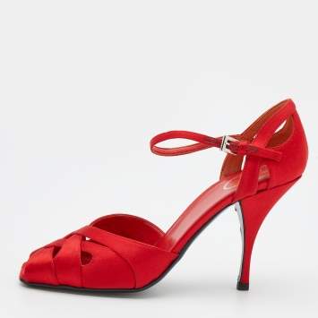 Pre Owned Prada Red Satin Ankle Strap Sandals Size 37