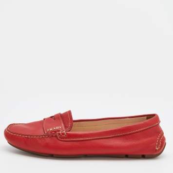 Pre Owned Prada Red Leather Penny Slip On Loafers Size 40