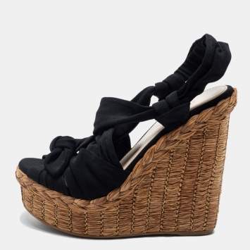 Pre Owned Prada Black Fabric Knotted Bow Raffia Wedge Platform Sandals Size 36.5