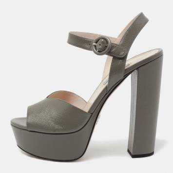 Pre Owned Prada Dark Grey Saffiano Patent Leather Platform Ankle Strap Sandals Size 38.5