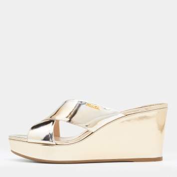 Pre Owned Prada Gold Patent Leather Criss Cross Wedge Platform Slide Sandals Size 38