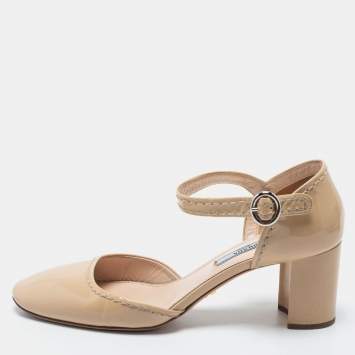 Pre Owned Prada Beige Patent Leather Ankle Strap  Pumps Size 38.5