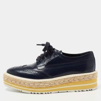 Pre Owned Prada Blue Leather Brogue Espadrille Platform Sneakers Size 34.5