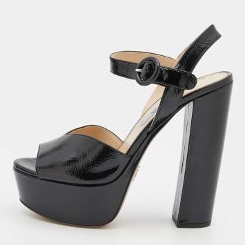 Pre Owned Prada Black Saffiano Patent Leather Platform Ankle Strap Sandals Size 36