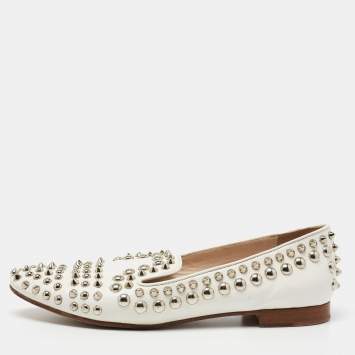 Pre Owned Prada White Leather Studded Smoking Slippers Size 37