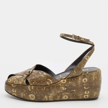 Pre Owned Prada Brown/Beige Snakeskin Embossed Leather Platform Ankle Strap Sandals Size 38