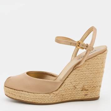 Pre Owned Prada Beige Satin Ankle Strap Wedge Espadrilles Sandals Size 37