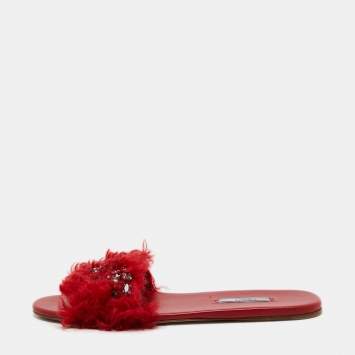 Pre Owned Prada Red Fur Crystal Embellished Flat Slides Size 40