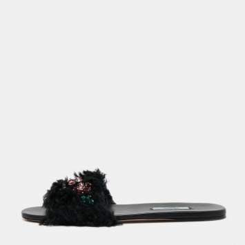 مملوكة مسبقًا Prada Black Fur Crystal Embellished Flat Slides Size 40 