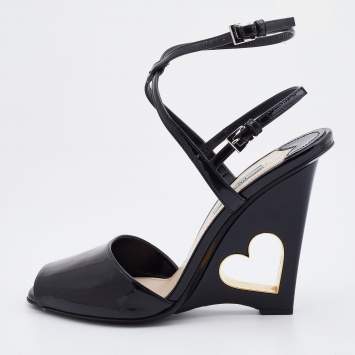 Pre Owned Prada Black Patent Leather Wedge Criss Cross Sandals Size 39