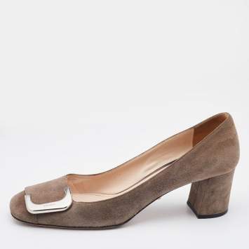 Pre Owned Prada Grey Suede Embellished Block Heel Pumps Size 36.5