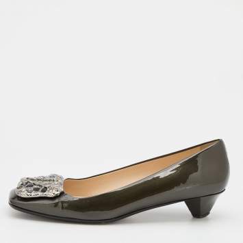 Pre Owned Prada Metallic Dark Grey Patent Leather Crystal Square Toe Pumps Size 38