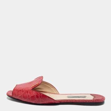 Prada Red Croc Embossed Leather Slides Size 38