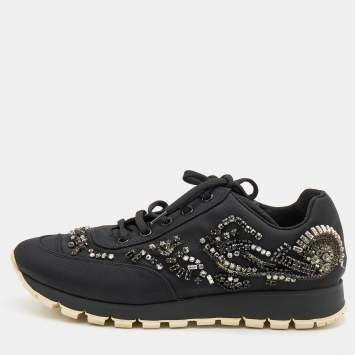 Pre Owned Prada Black Fabric Crystal Embellished Low Top Sneakers Size 38