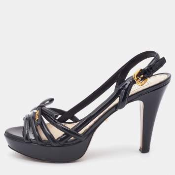 Pre Owned Prada Black Patent Leather Strappy Platform Sandals Size 40