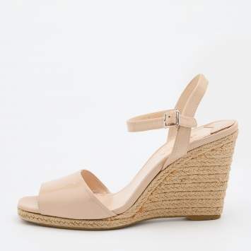 Pre Owned Prada Beige Patent Leather Espadrille Platform Wedge Ankle Strap Sandals Size 41