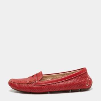 Pre Owned Prada Red Perforated Leather Penny Loafers Size 39