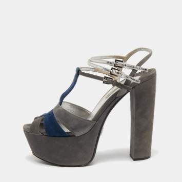 Pre Owned Prada Grey Suede and Leather Ankle Strap Platform Sandals Size 40