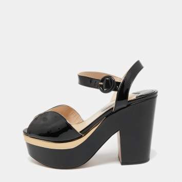Pre Owned Prada Black Patent Leather Block Heel Platform Ankle Strap Sandals Size 37