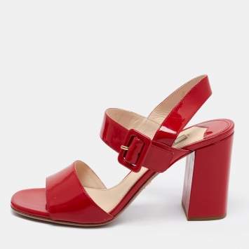Pre Owned Prada Red Patent Leather Ankle Strap Block Heel Sandals Size 37