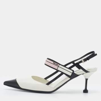 Pre Owned Prada White/Black Leather and Rubber Slingback Pumps Size 37.5