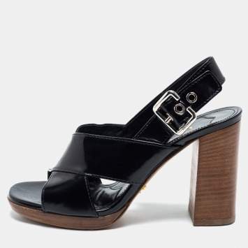 Pre Owned Prada Black Leather Criss Cross Block Heel Sandals Size 38