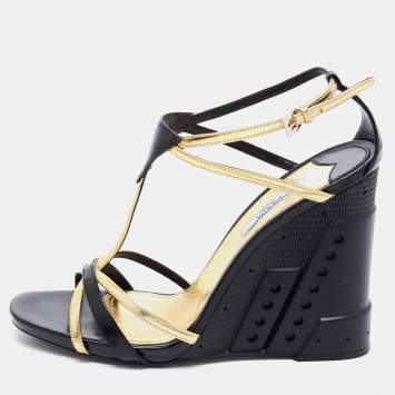 Pre Owned Prada Black/Gold Leather T-Strap Wedge Sandals Size 40