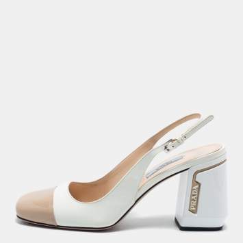 Pre Owned Prada White/Brown Patent Leather Block Heel Slingback Pumps Size 38.5