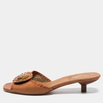 Pre Owned Prada Brown Leather Embellished Slide Sandals Size 40.5