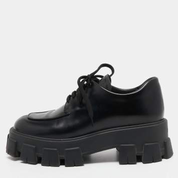 Pre Owned Prada Black Leather Monolith Platform Derby Size 38.5