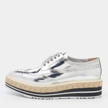 Pre Owned Prada Silver Brogue Leather Derby Espadrille Sneakers Size 36.5