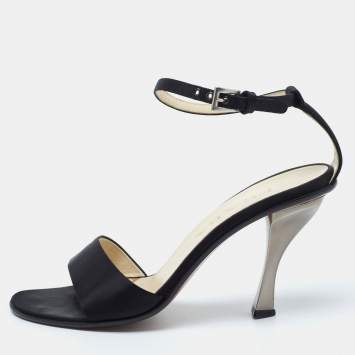 Pre Owned Prada Black Satin Ankle Strap Sandals Size 37.5