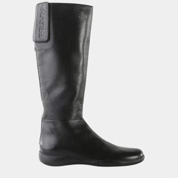 Pre Owned Prada Black Leather Velcro Strap Flat Knee High Boots