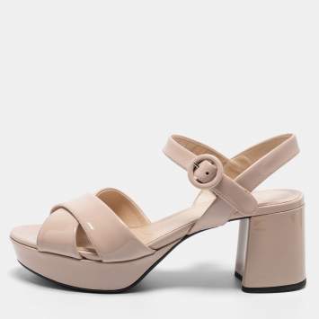 Pre Owned Prada Beige Patent Leather Crisscross Ankle Sandals Size 38