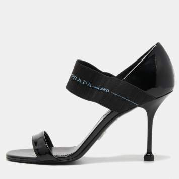 Pre Owned Prada Black Patent Leather and Logo Elastic Ankle Strap Sandals Size 39