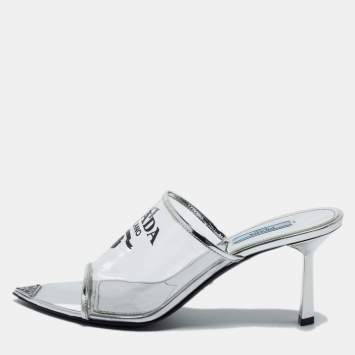 Pre Owned Prada Silver PVC and Patent Leather Logo Sandals Size 40